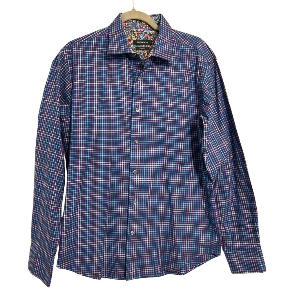 Bugatchi Shaped Fit Shirt Men's Check Print Button Up Long Sleeve Multicolor L